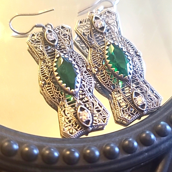 Emerald & CZ Silver Filigree Edwardian Reproduction Earrings - Picture 1 of 11